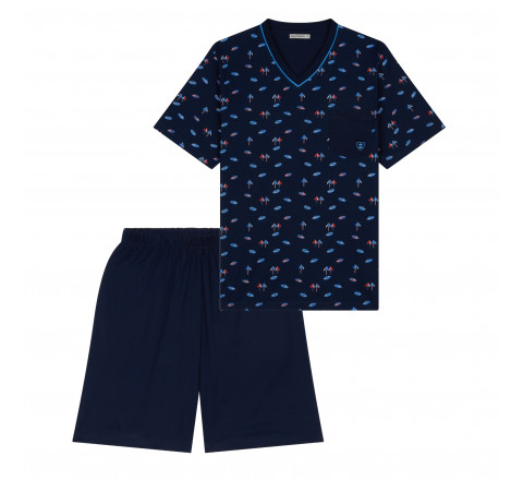 Pyjama court col V motifs plage MARINER