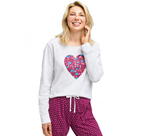 Pyjama long motif coeur fleuri pour femme