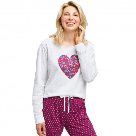 Pyjama long motif coeur fleuri pour femme