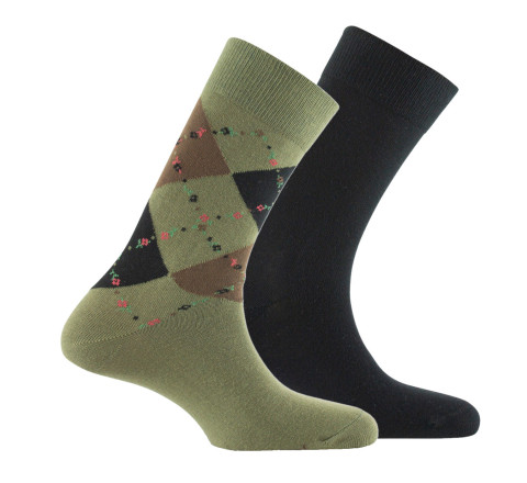 Lot de 2 paires de chaussettes en coton intarsia fleuri et uni
