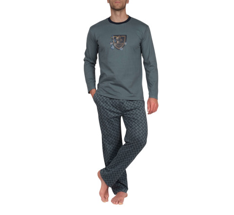 Pyjama long col rond en pur coton peigné