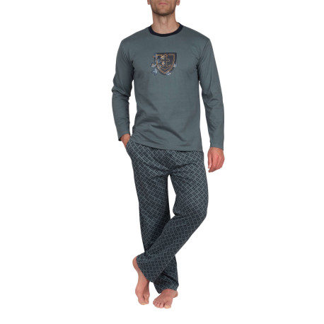 Pyjama long col rond en pur coton peigné